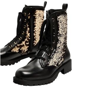 Sequin Lace Up Leather Combat Ankle Boots